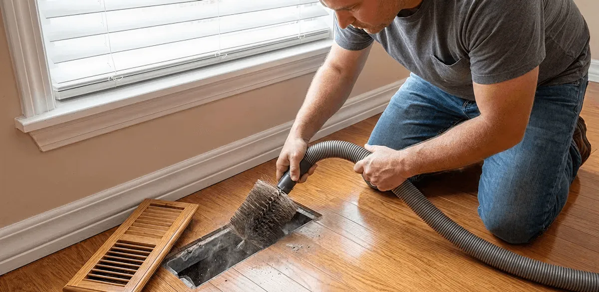 Air duct cleaning technician vacuuming a floor vent and duct opening in Minneapolis, MN