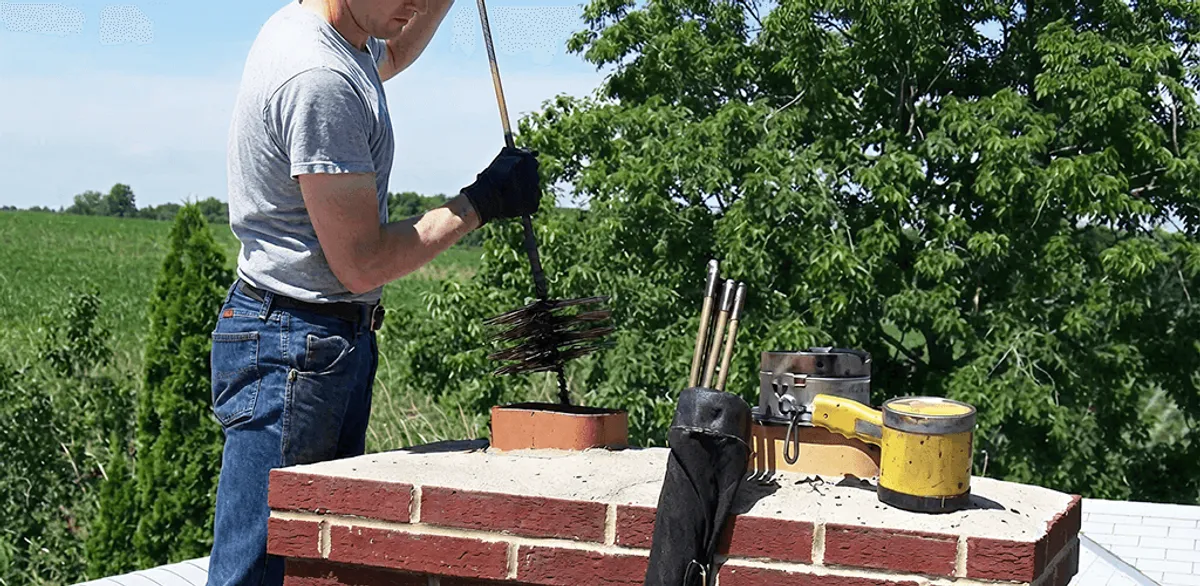 Chimney cleaning technician working on a rooftop chimney with professional tools in Minneapolis, MN