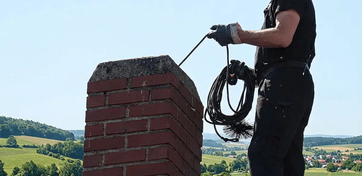 Chimney sweep inspecting and cleaning a rooftop chimney in Minneapolis, MN