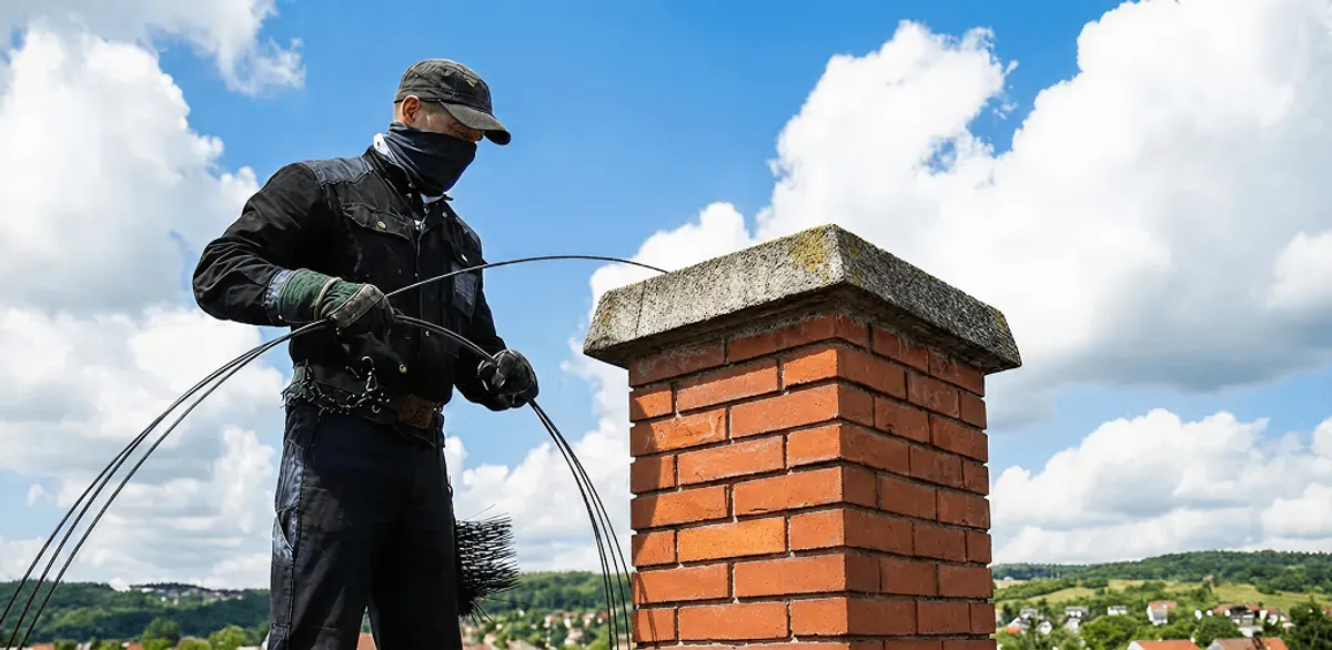 Chimney sweep cleaning a brick chimney with professional tools in Minneapolis, MN