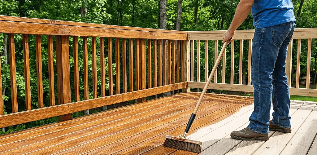 Deck staining and sealing application on a wood deck in Minneapolis, MN
