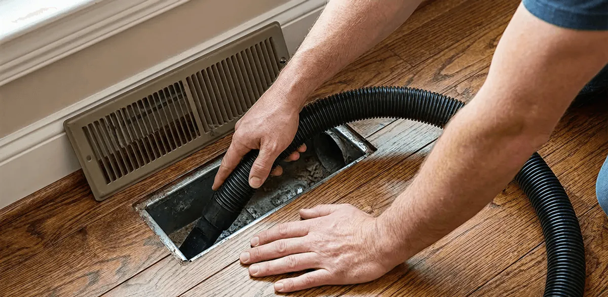 Air duct cleaning technician vacuuming a floor register and duct opening in Minneapolis, MN