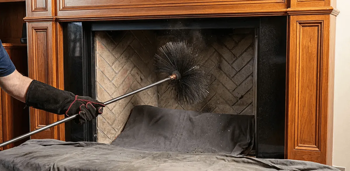 Chimney cleaning service brushing soot from a fireplace and flue in Minneapolis, MN