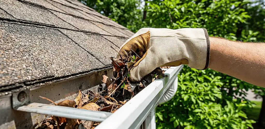 Gutter cleaning removing leaves and debris from roof gutters in Minneapolis, MN