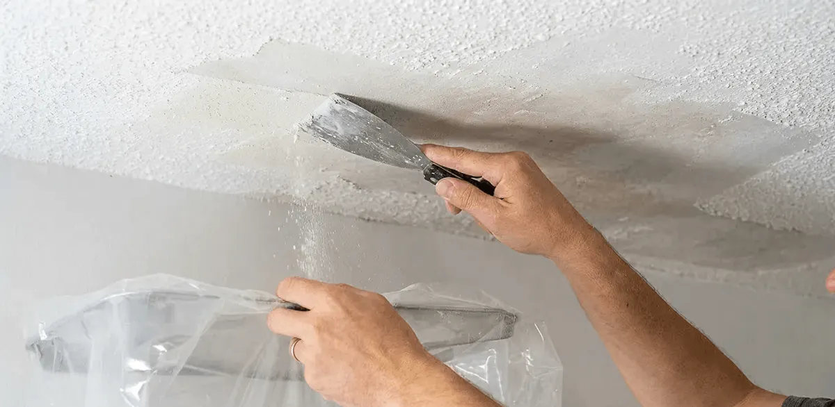 Popcorn ceiling removal technician scraping texture from a ceiling in Minneapolis, MN