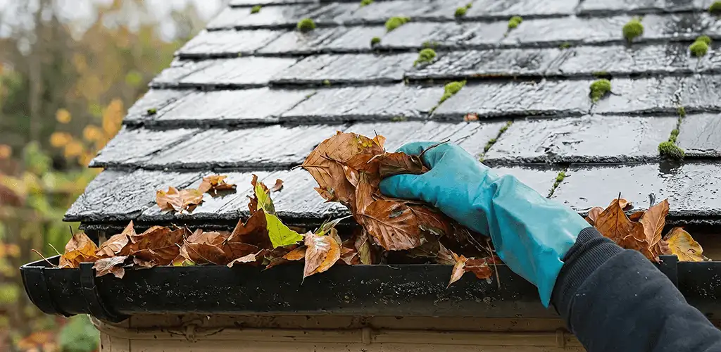 Gutter cleaning technician clearing wet leaves from roof gutters in Minneapolis, MN