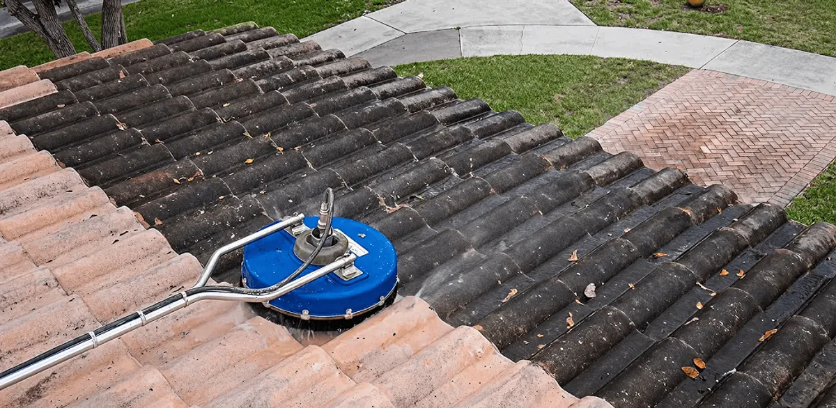 Roof pressure cleaning removing debris and buildup from roof tiles in Minneapolis, MN