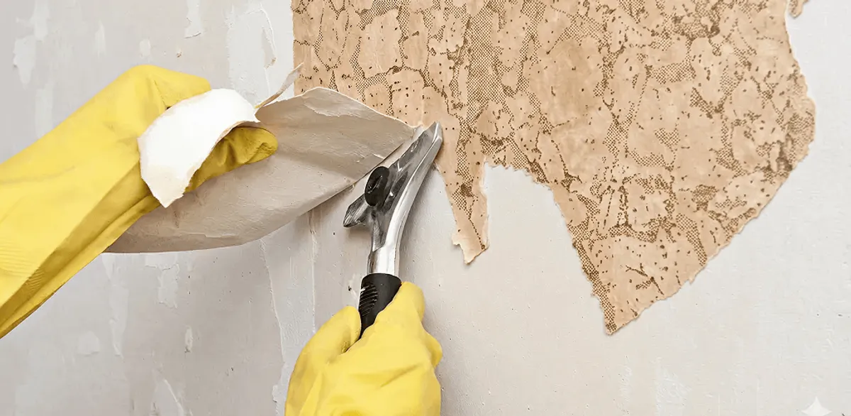 Wallpaper removal service stripping old wallpaper from a wall in Minneapolis, MN