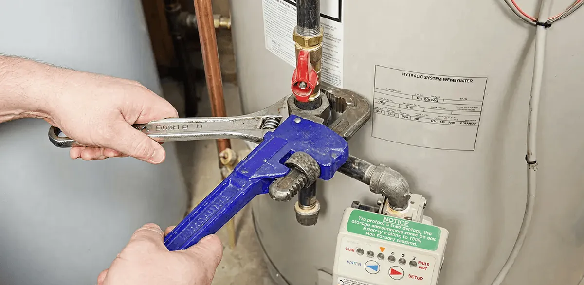 Water heater repair technician tightening the shutoff valve and supply line in Minneapolis, MN