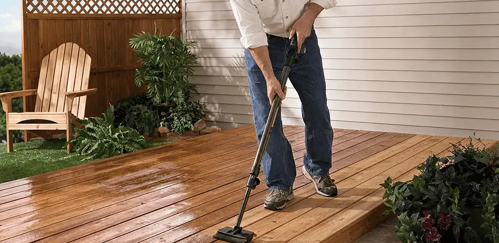 Deck staining service applying stain to a backyard wood deck in Minneapolis, MN